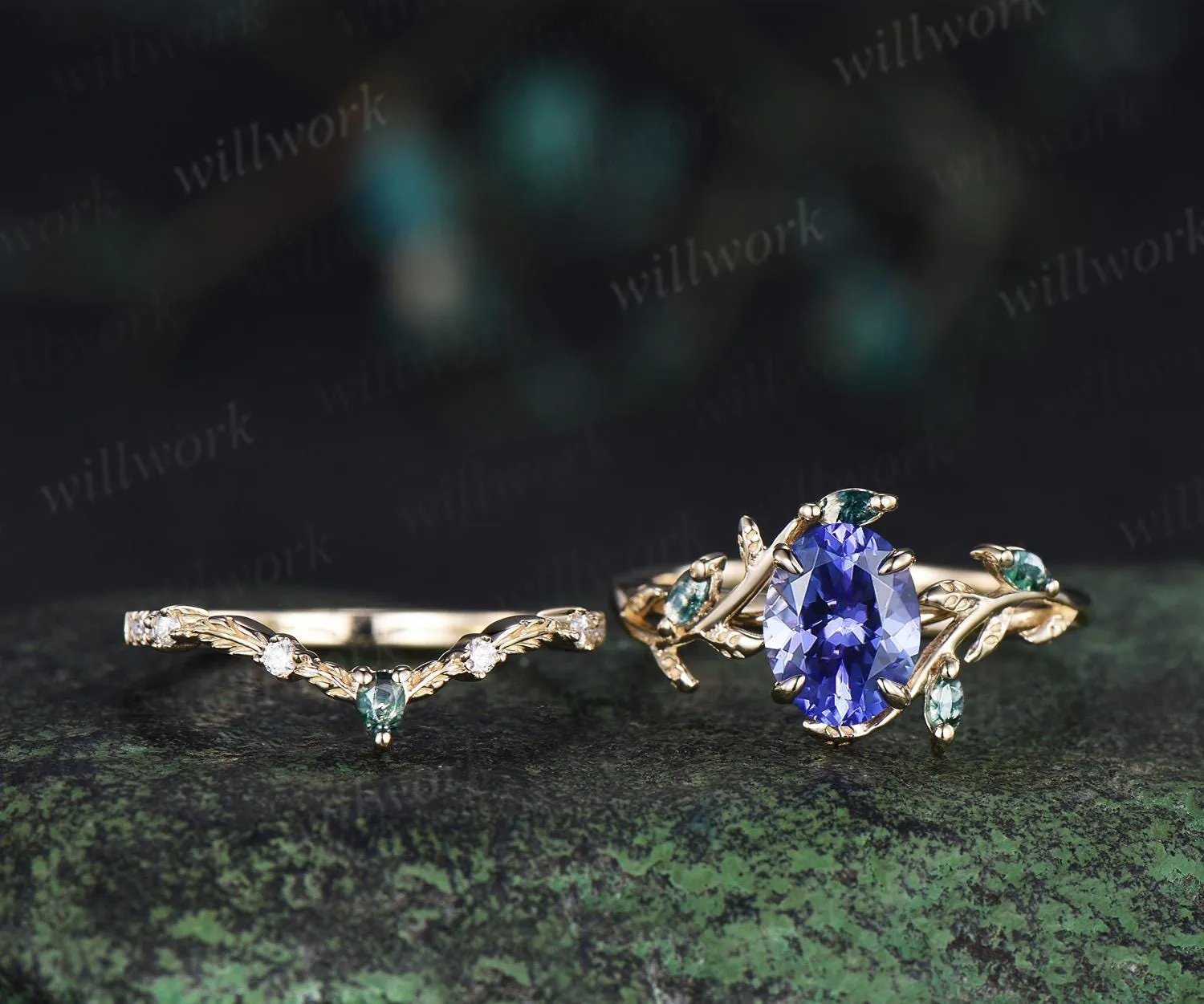 Oval cut natural tanzanite engagement ring set art deco leaf nature inspired moss agate bridal wedding ring set women sold by Willwork Jewelry product image thumbnail 2