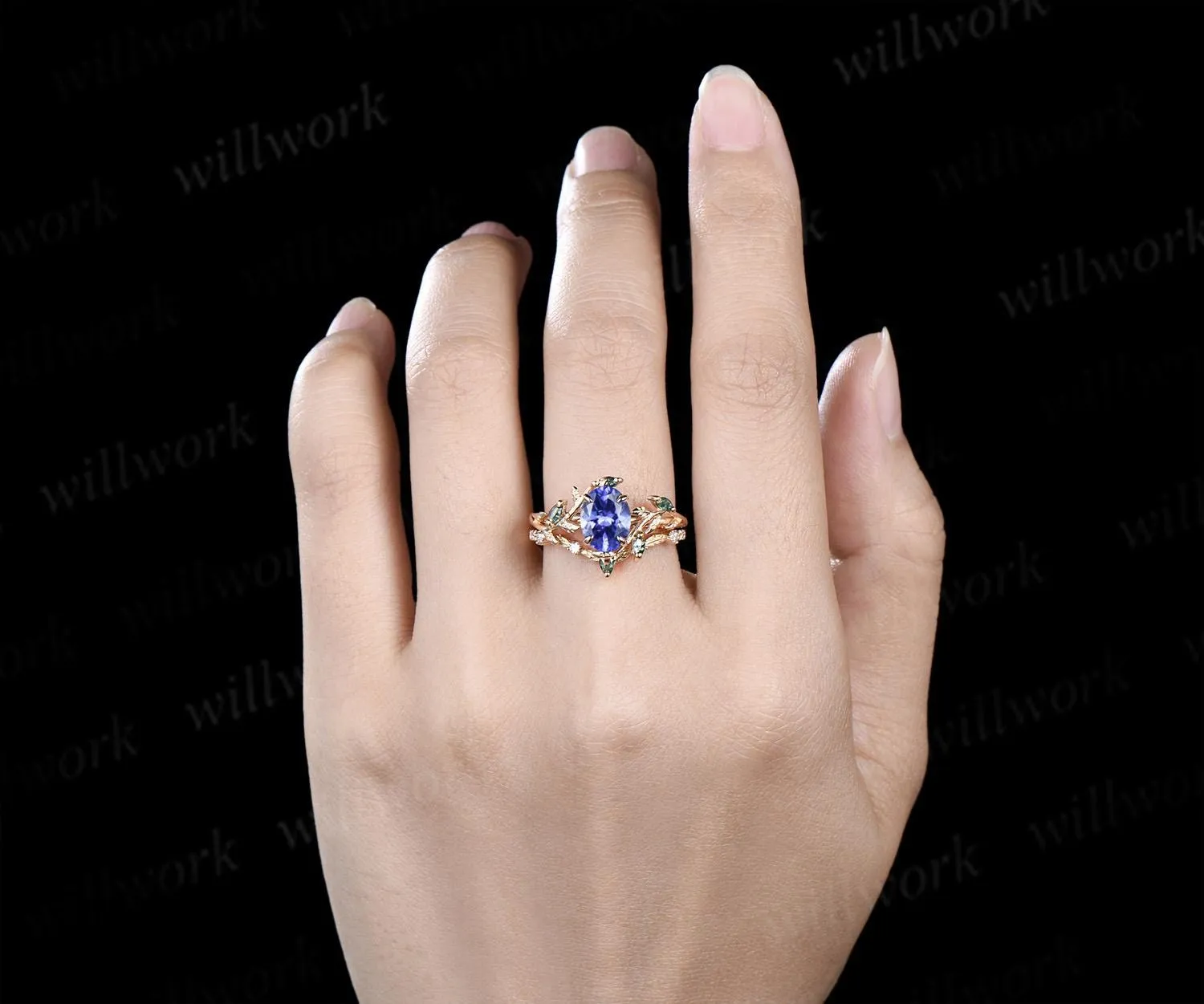 Oval cut natural tanzanite engagement ring set art deco leaf nature inspired moss agate bridal wedding ring set women sold by Willwork Jewelry product image thumbnail 3