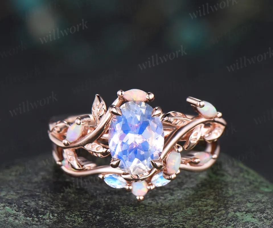 Oval moonstone engagement ring set leaf opal ring retro stacking art deco bridal set sold by Willwork Jewelry