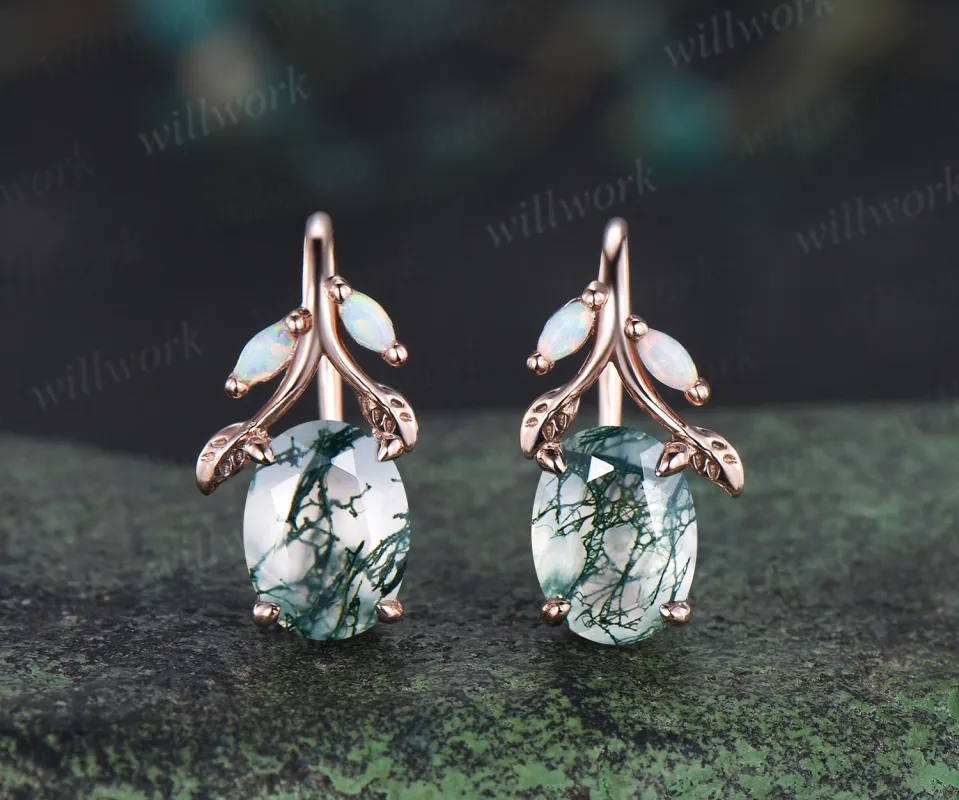 Oval cut natural moss agate earrings vintage leaf marquise opal drop earrings women anniversary gift jewelry sold by Willwork Jewelry