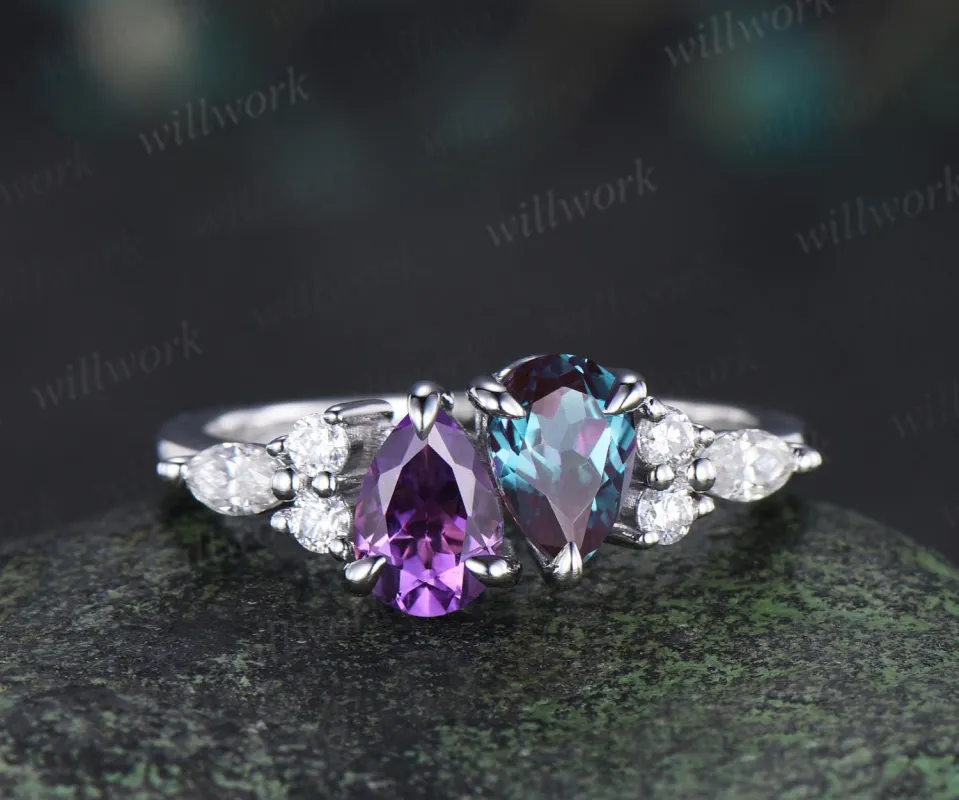 Teardrop amethyst alexandrite ring toi et moi unique two stone claw prong engagement ring made by Willwork Jewelry