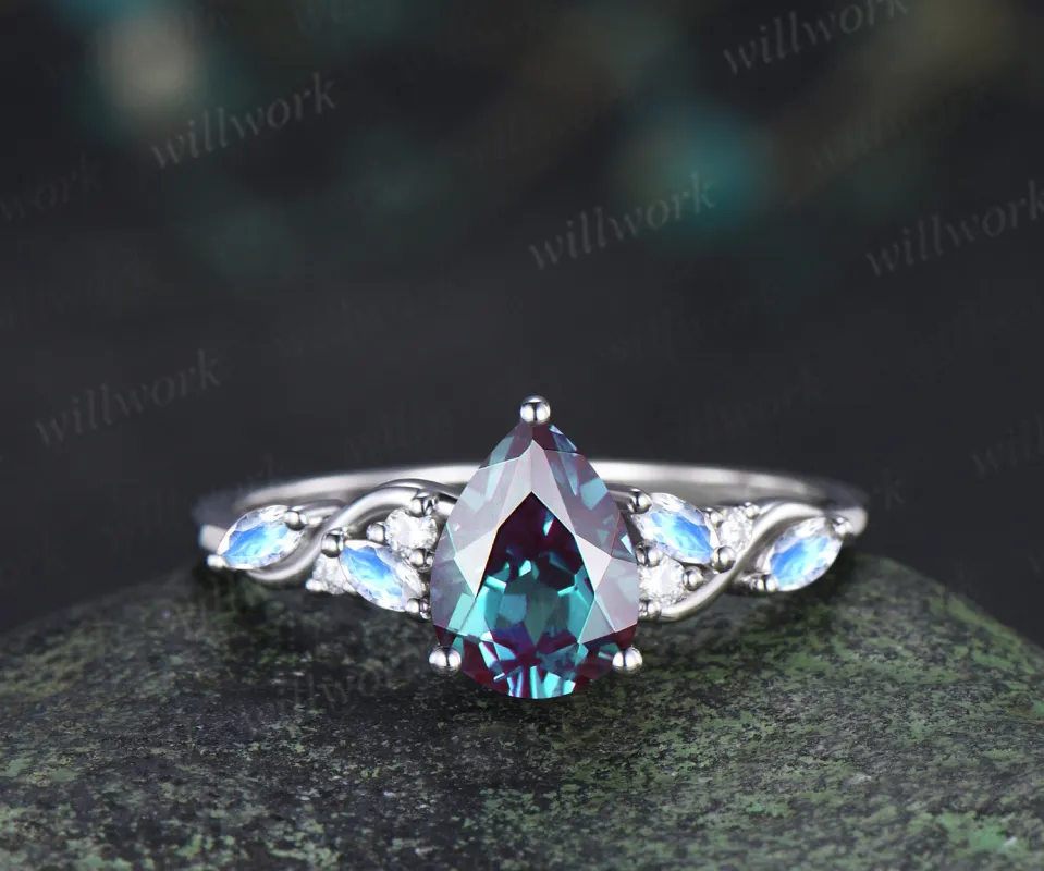 Unique pear alexandrite engagement ring marquise moonstone moissanite cluster bridal wedding ring jewelry gifts for women sold by Willwork Jewelry