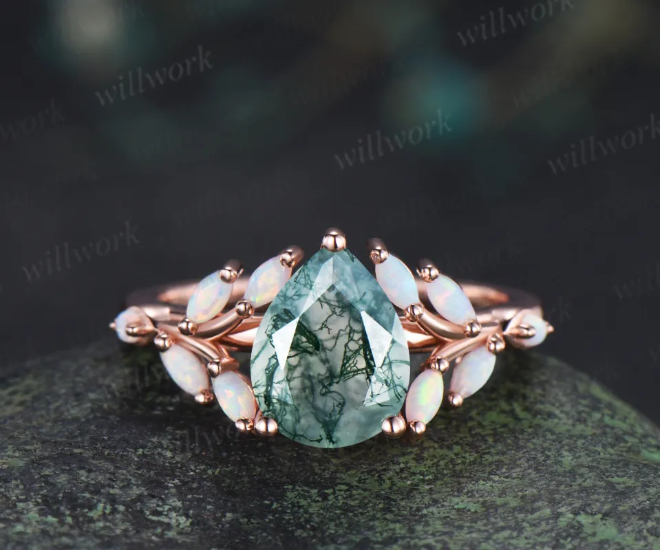 Unique pear moss agate ring leaf inspired opals engagement ring split shank bridal ring made by Willwork Jewelry