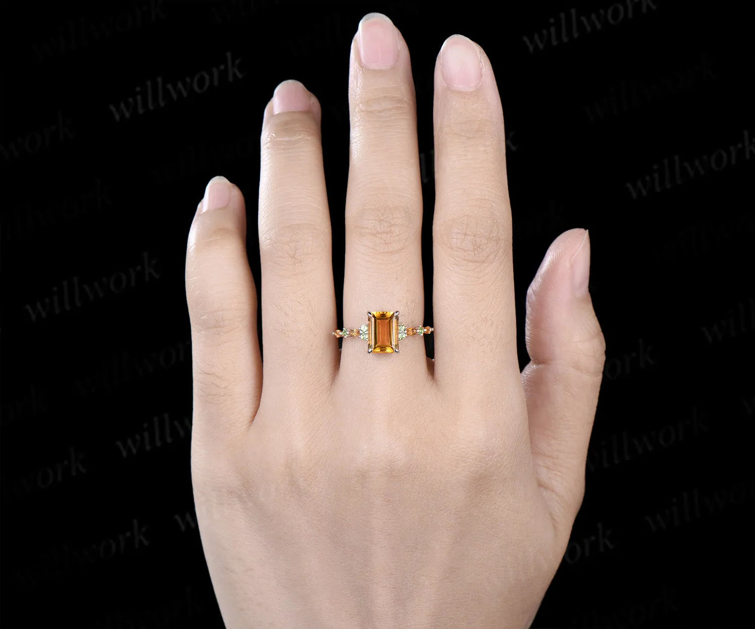 Emerald cut citrine engagement ring peridot marquise yellow citrine wedding ring November birsthone jewelry sold by Willwork Jewelry product image thumbnail 2