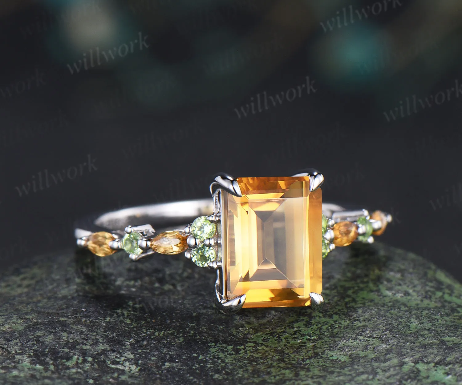 Emerald cut citrine engagement ring peridot marquise yellow citrine wedding ring November birsthone jewelry sold by Willwork Jewelry product image thumbnail 3