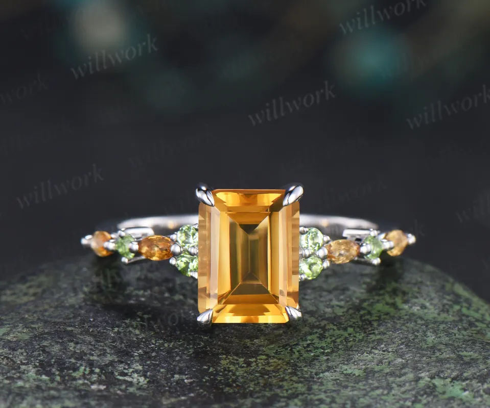 Emerald cut citrine engagement ring peridot marquise yellow citrine wedding ring November birsthone jewelry made by Willwork Jewelry