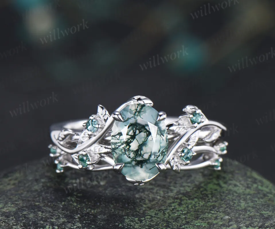 Nature inspired oval moss agate ring set leaf twig engagement ring dainty infinity emerald wedding band sold by Willwork Jewelry