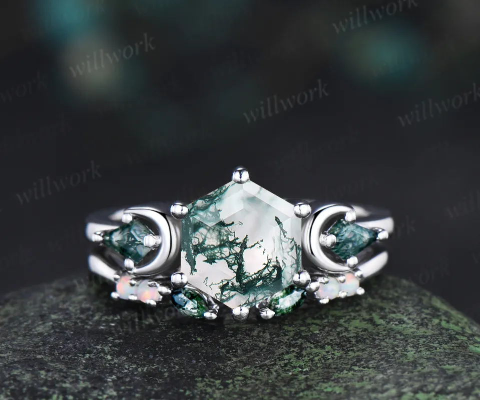 Hexagon cut moss agate engagement ring set three-stone art deco kite moss agate ring opal open gap wedding band sold by Willwork Jewelry