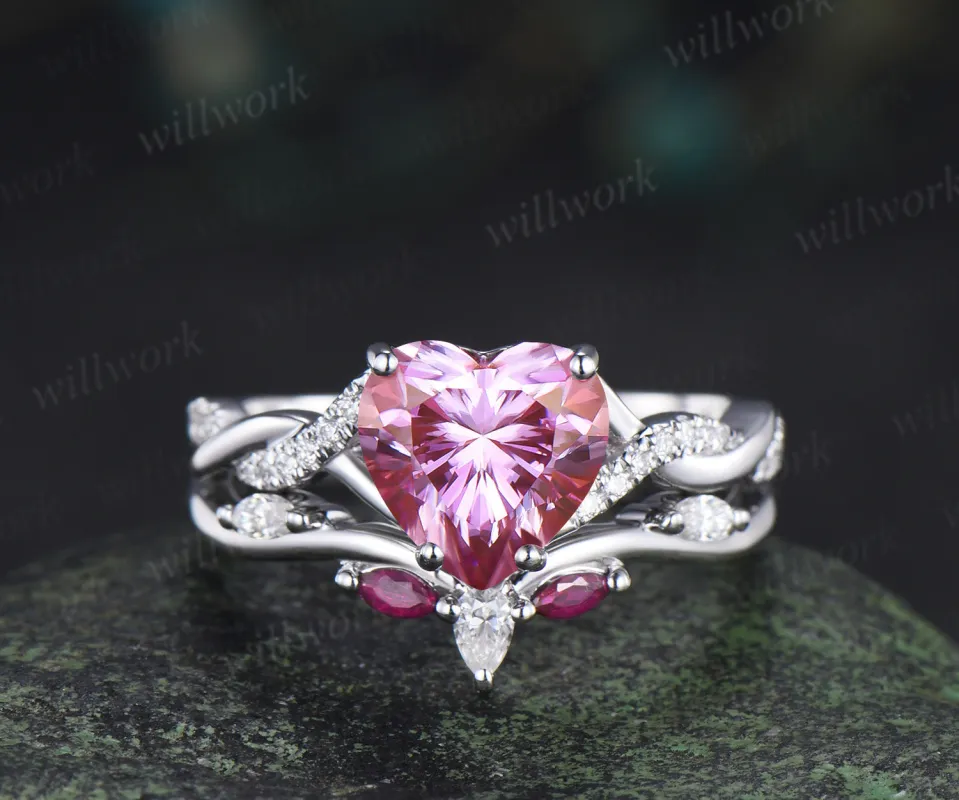 8mm heart shaped pink moissanite engagement ring twisted diamond ring marquise natural ruby wedding band elegant bridal set made by Willwork Jewelry