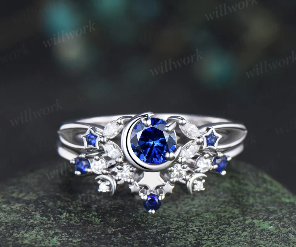 Unique round sapphire moon star ring set marquise moissanite split shank ring crescent starry wedding ring bridal set sold by Willwork Jewelry