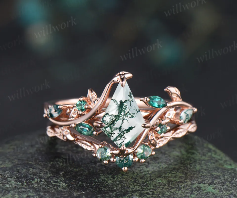 Vintage kite cut moss agate engagement ring set leaf marquise emerald moss agate ring wedding band nature inspired bridal set sold by Willwork Jewelry