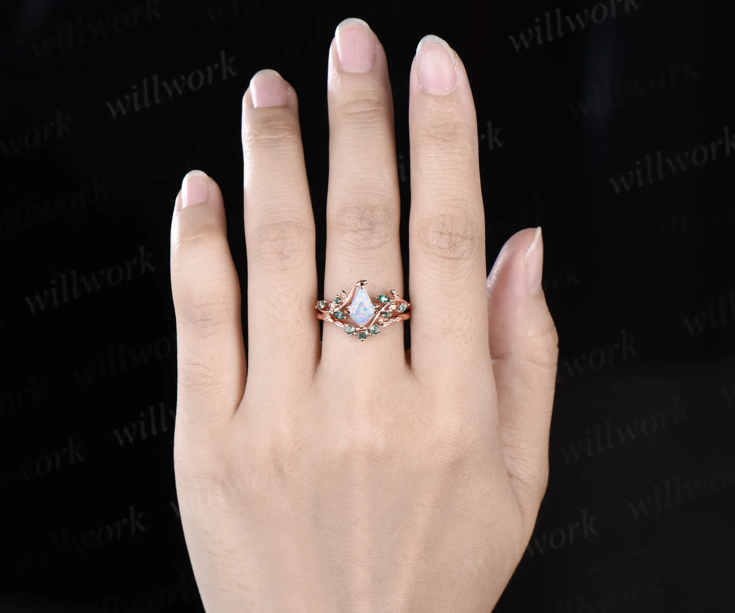 Vintage kite cut opal engagement ring set leaf twig emerald moss agate ring matching wedding band unique bridal set sold by Willwork Jewelry product image thumbnail 2