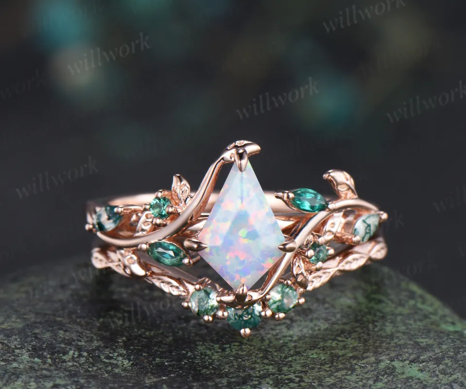 Vintage kite cut opal engagement ring set leaf twig emerald moss agate ring matching wedding band unique bridal set sold by Willwork Jewelry