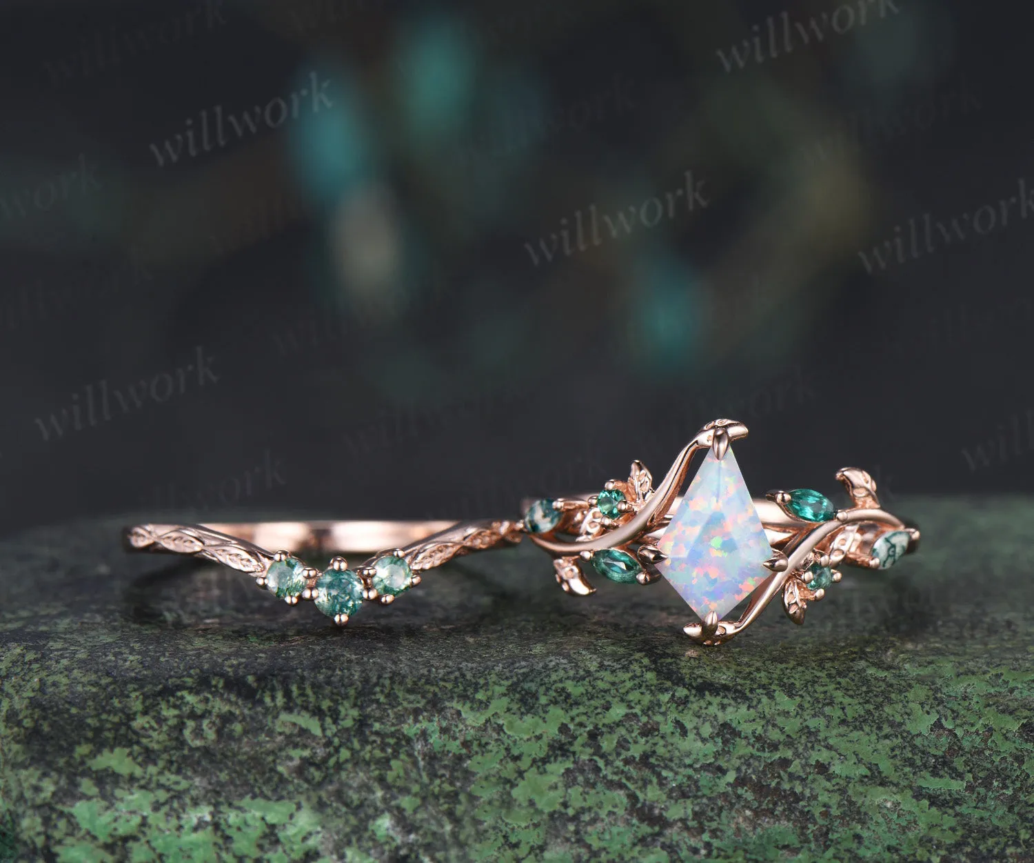 Vintage kite cut opal engagement ring set leaf twig emerald moss agate ring matching wedding band unique bridal set sold by Willwork Jewelry product image thumbnail 4