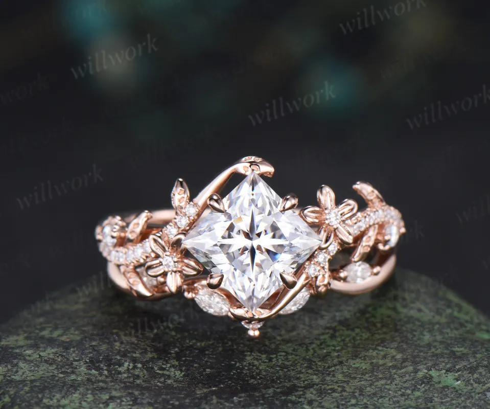 Nature inspired princess cut lab grown diamond engagement ring leaf twig floral ring diamond matching wedding band bridal set sold by Willwork Jewelry