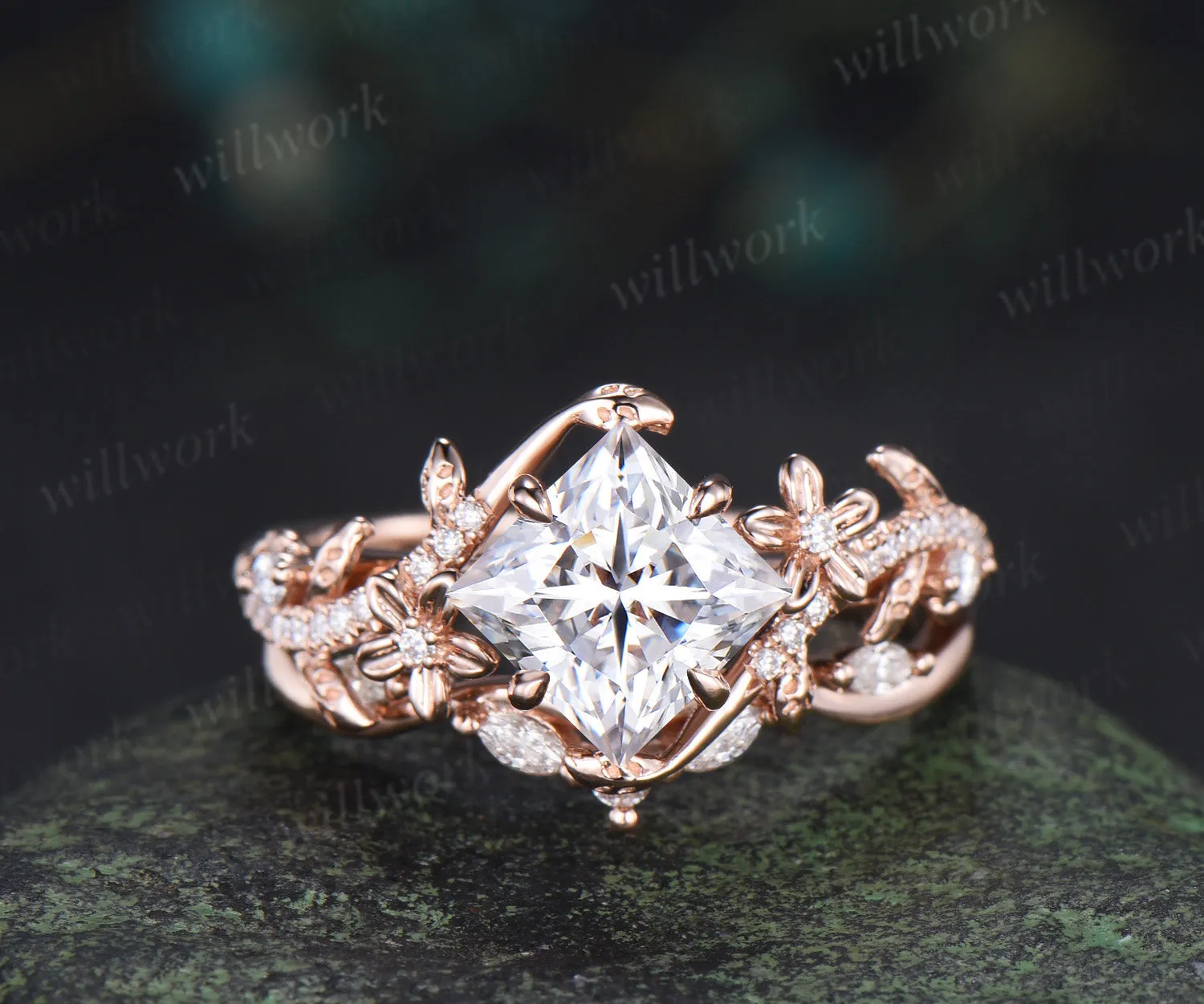 Nature inspired princess cut lab grown diamond engagement ring leaf twig floral ring diamond matching wedding band bridal set sold by Willwork Jewelry
