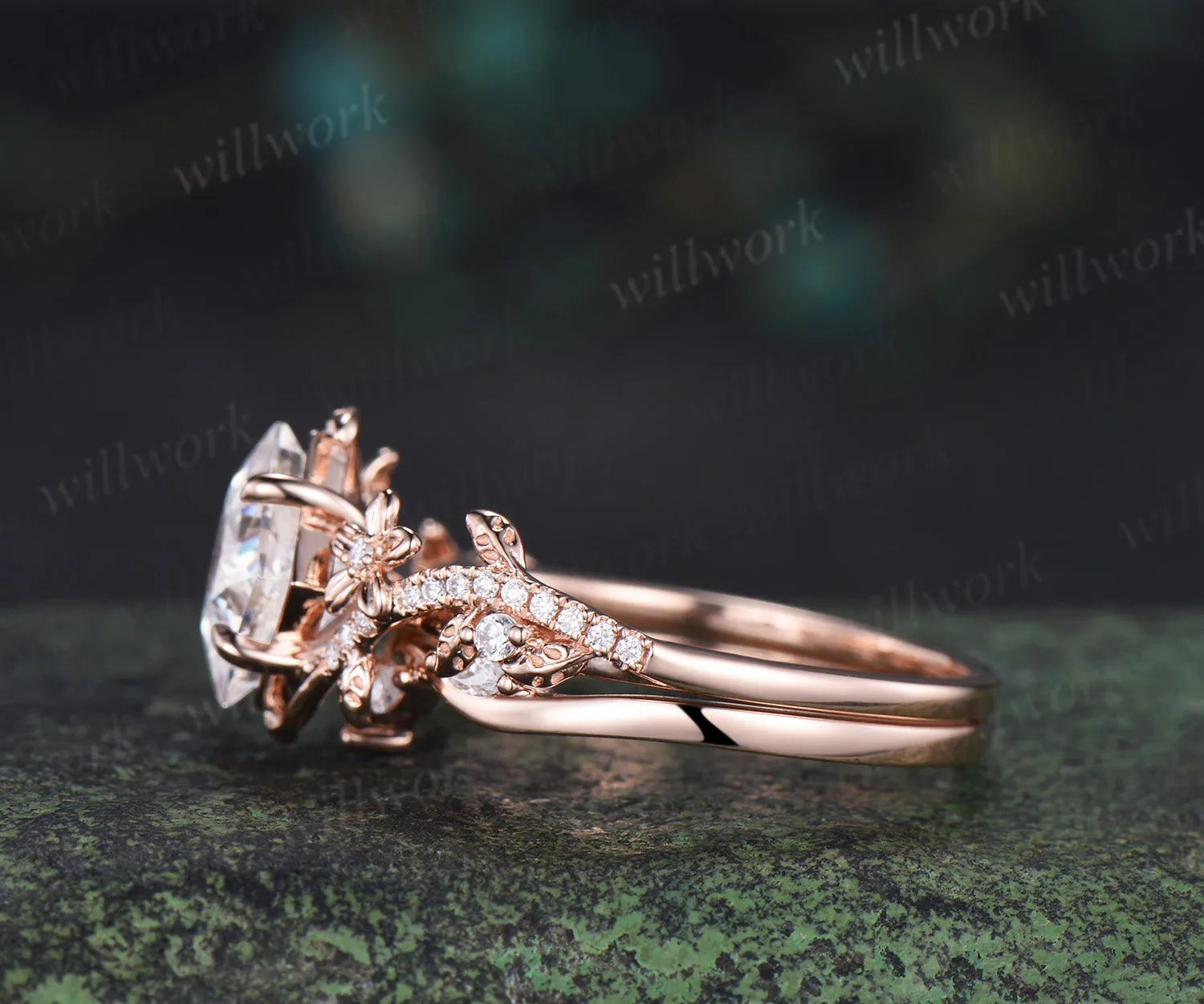 Nature inspired princess cut lab grown diamond engagement ring leaf twig floral ring diamond matching wedding band bridal set sold by Willwork Jewelry product image thumbnail 3