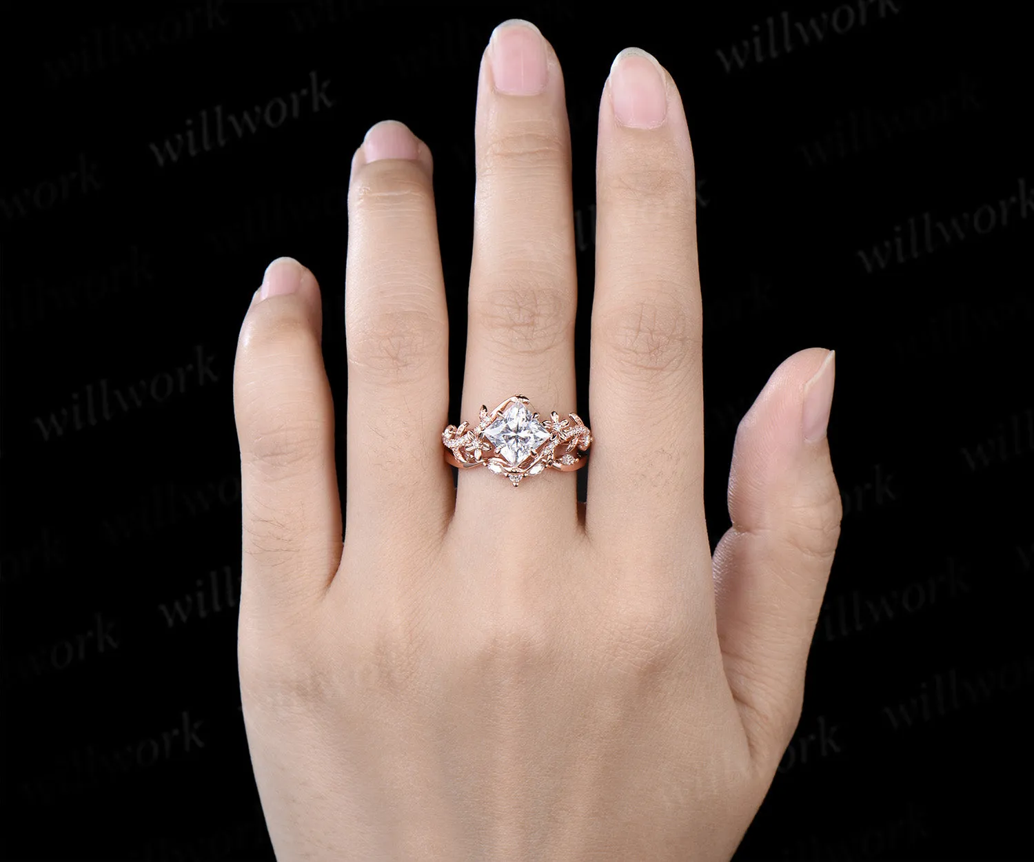 Nature inspired princess cut lab grown diamond engagement ring leaf twig floral ring diamond matching wedding band bridal set sold by Willwork Jewelry product image thumbnail 2