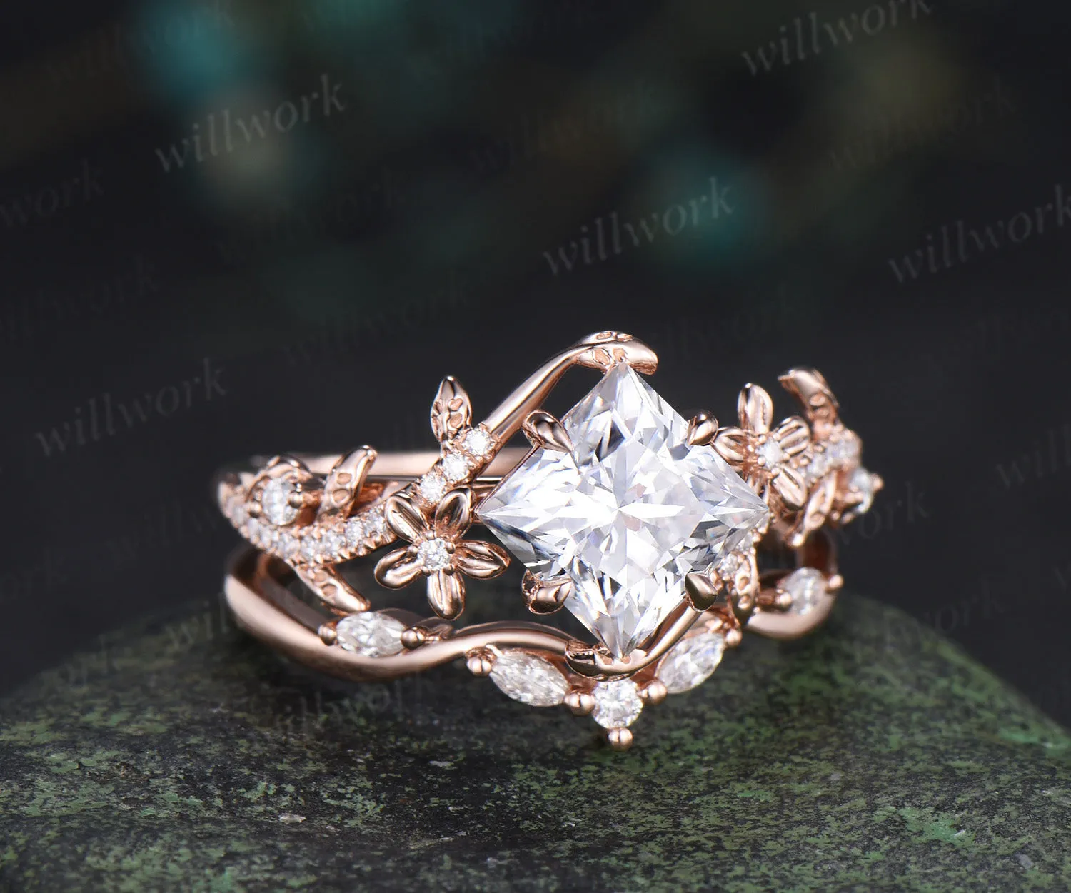 Nature inspired princess cut lab grown diamond engagement ring leaf twig floral ring diamond matching wedding band bridal set sold by Willwork Jewelry product image thumbnail 5