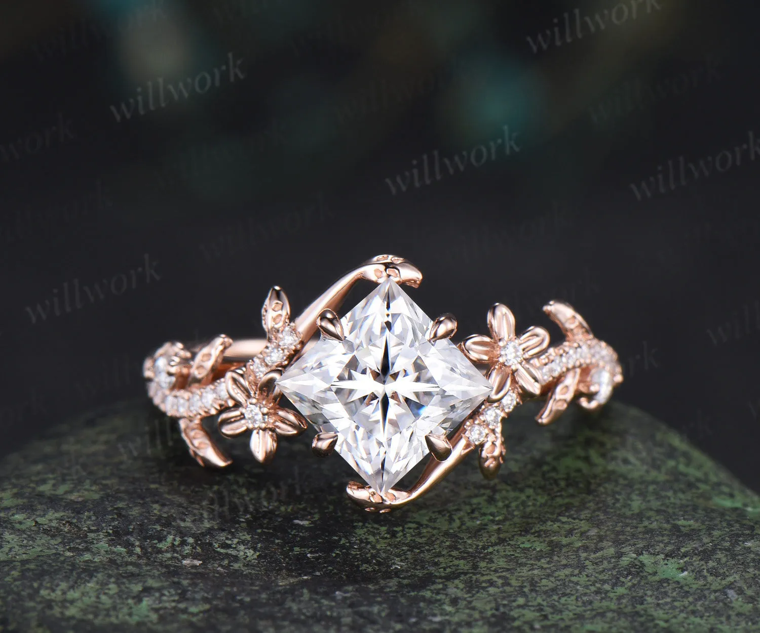 Nature inspired princess cut lab grown diamond engagement ring leaf twig floral ring diamond matching wedding band bridal set sold by Willwork Jewelry product image thumbnail 4