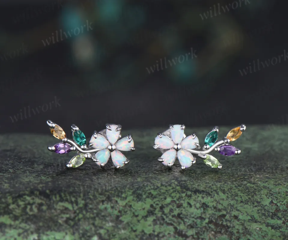 Dainty opal flower earring studs marquise amethyst emerald citrine peridot multicolor gemstone earring bridal gifts sold by Willwork Jewelry