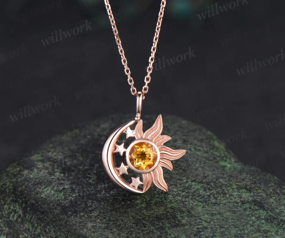 Round citrine sun moon star pendant necklace celestial sun charm with moon stars jewelry gifts made by Willwork Jewelry