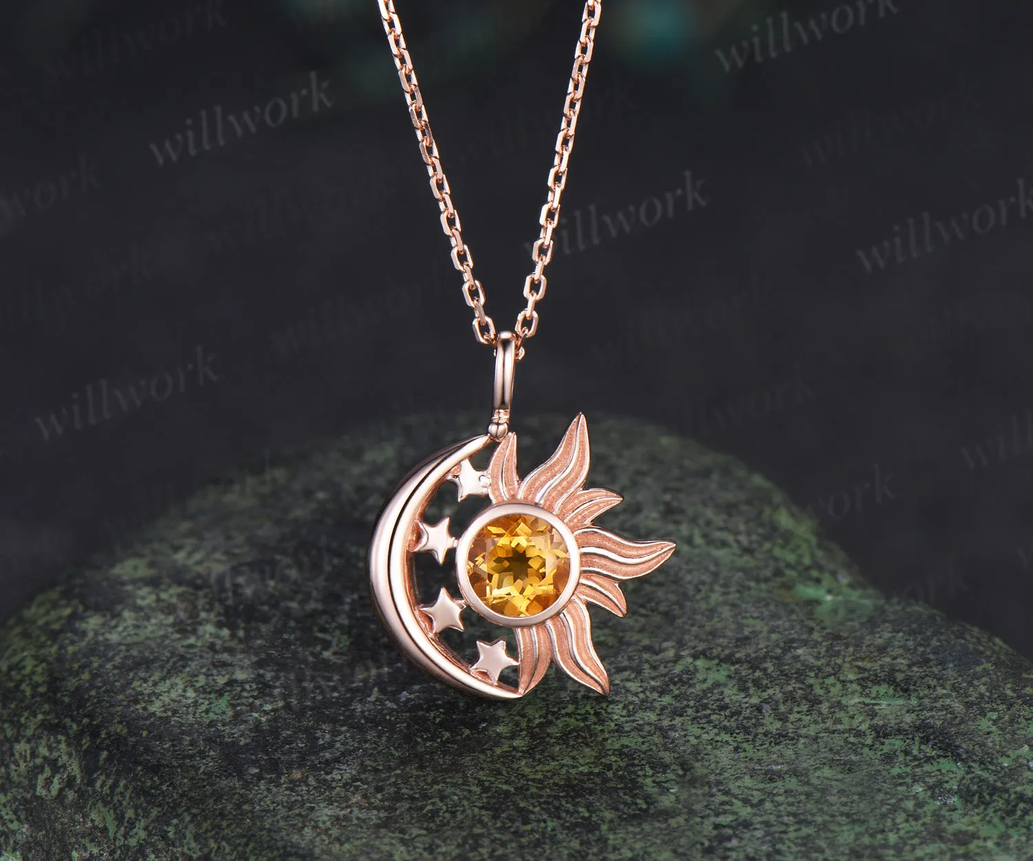 Round citrine sun moon star pendant necklace celestial sun charm with moon stars jewelry gifts sold by Willwork Jewelry