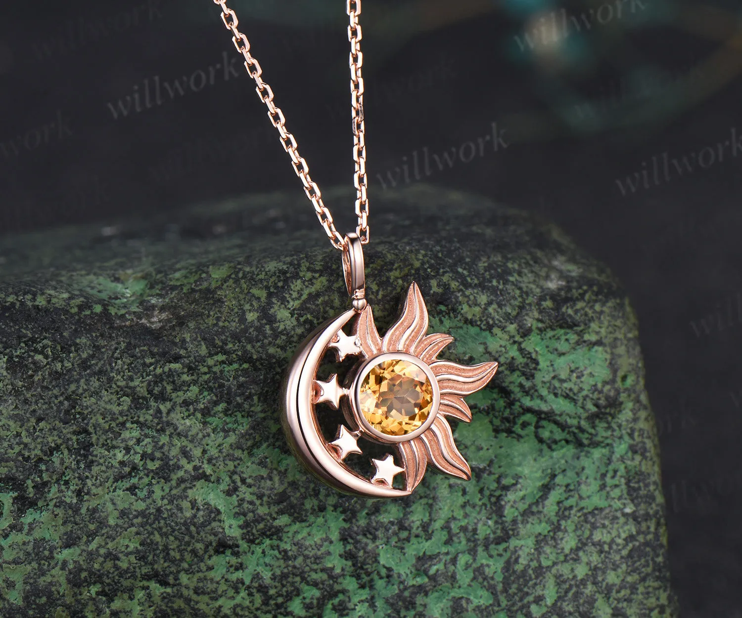 Round citrine sun moon star pendant necklace celestial sun charm with moon stars jewelry gifts sold by Willwork Jewelry product image thumbnail 3