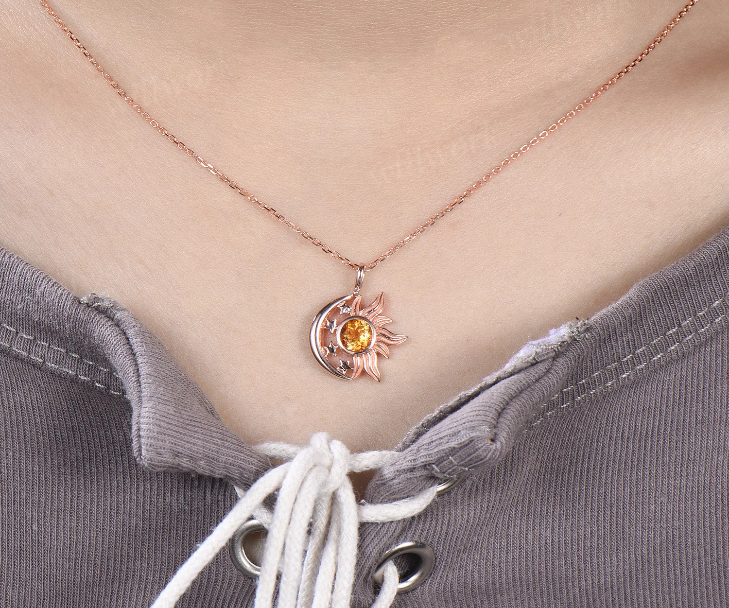 Round citrine sun moon star pendant necklace celestial sun charm with moon stars jewelry gifts sold by Willwork Jewelry product image thumbnail 2