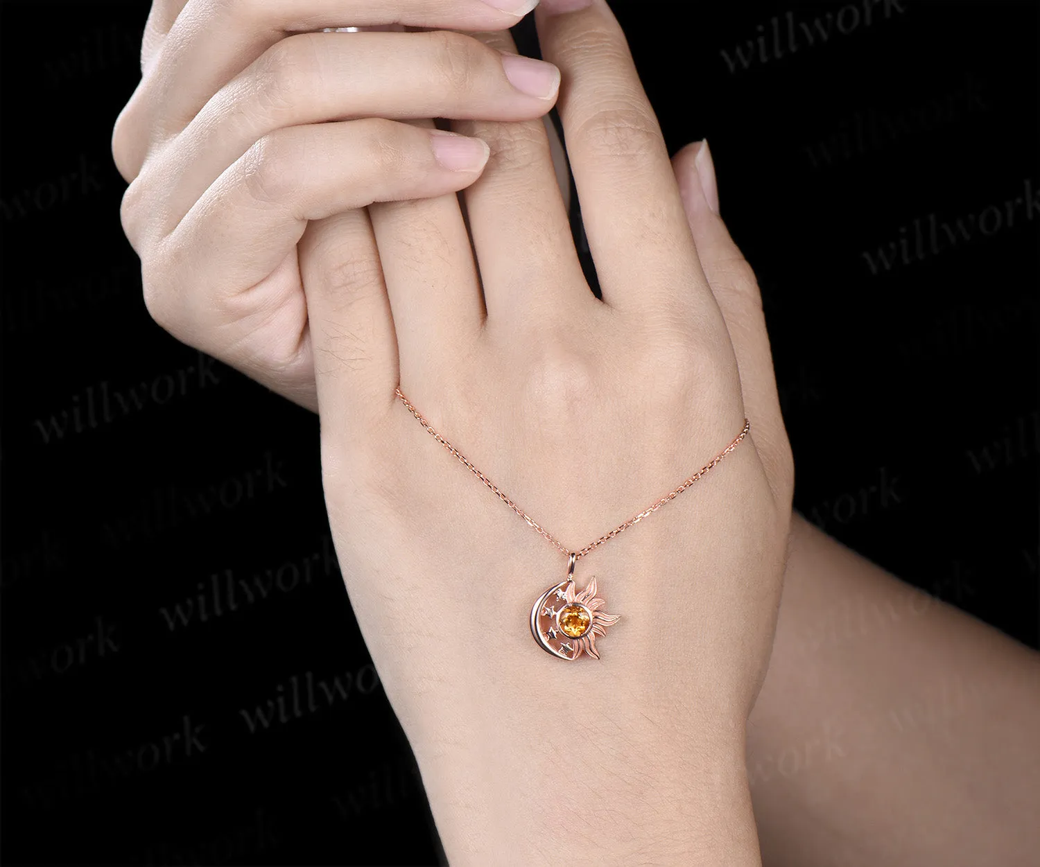 Round citrine sun moon star pendant necklace celestial sun charm with moon stars jewelry gifts sold by Willwork Jewelry product image thumbnail 5