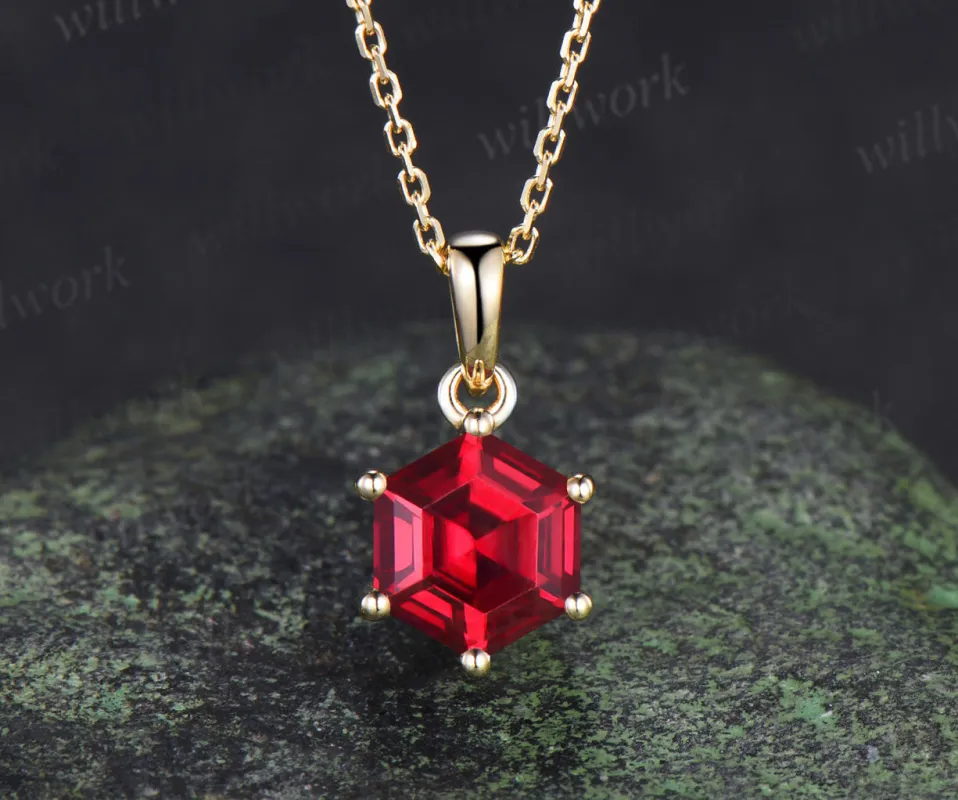 Unique hexagon ruby necklace minimalism red ruby pendant necklace July birthstone gifts for her made by Willwork Jewelry