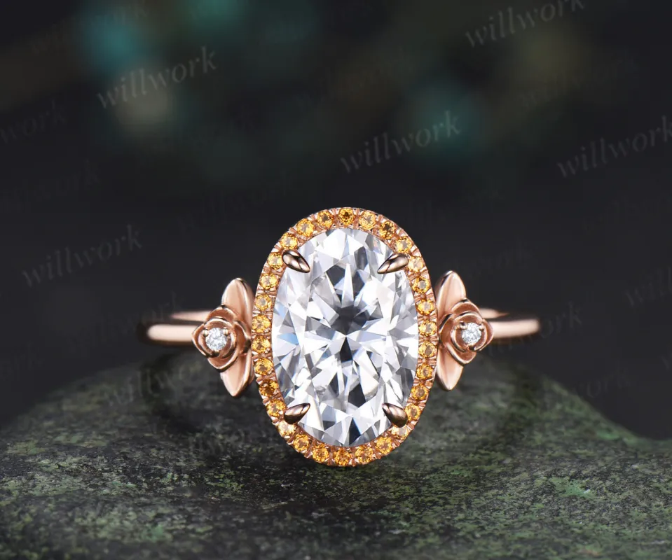 8x12mm oval cut moissanite vintage citrine halo engagement ring set art deco moissanite floral wedding ring sold by Willwork Jewelry