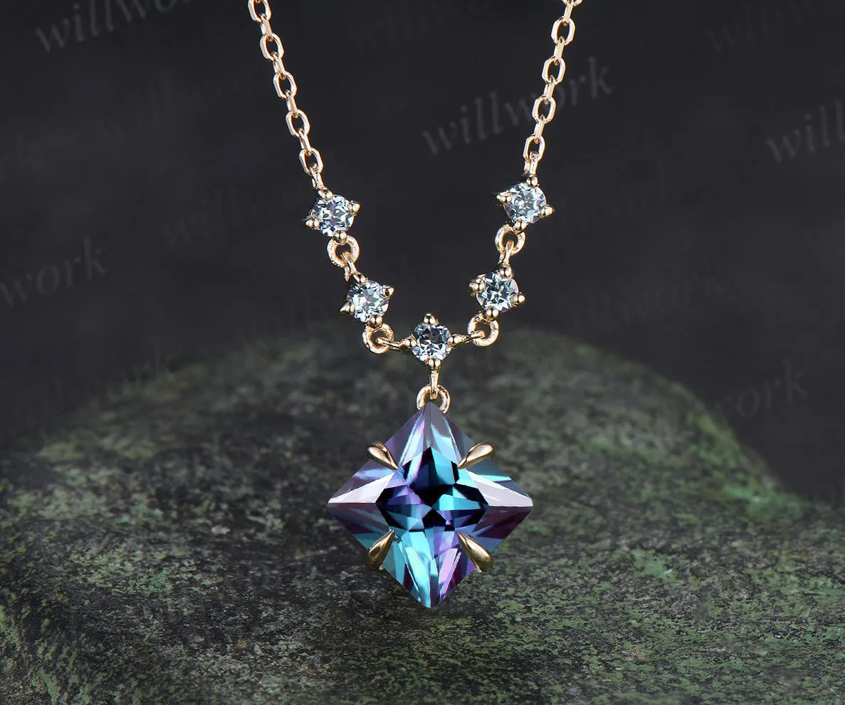 Princess cut alexandrite necklace unique color change gemstone pendant June birthstone gifts for women sold by Willwork Jewelry