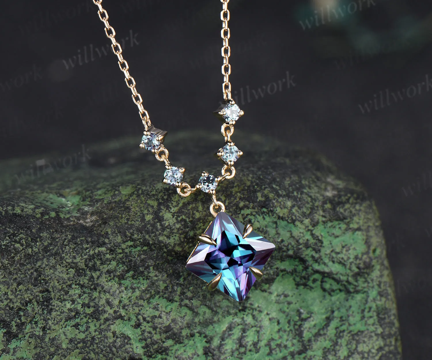 Princess cut alexandrite necklace unique color change gemstone pendant June birthstone gifts for women sold by Willwork Jewelry product image thumbnail 3