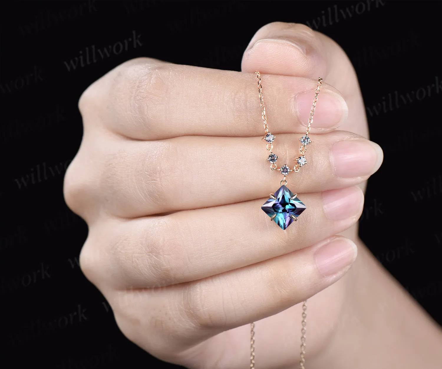 Princess cut alexandrite necklace unique color change gemstone pendant June birthstone gifts for women sold by Willwork Jewelry product image thumbnail 5