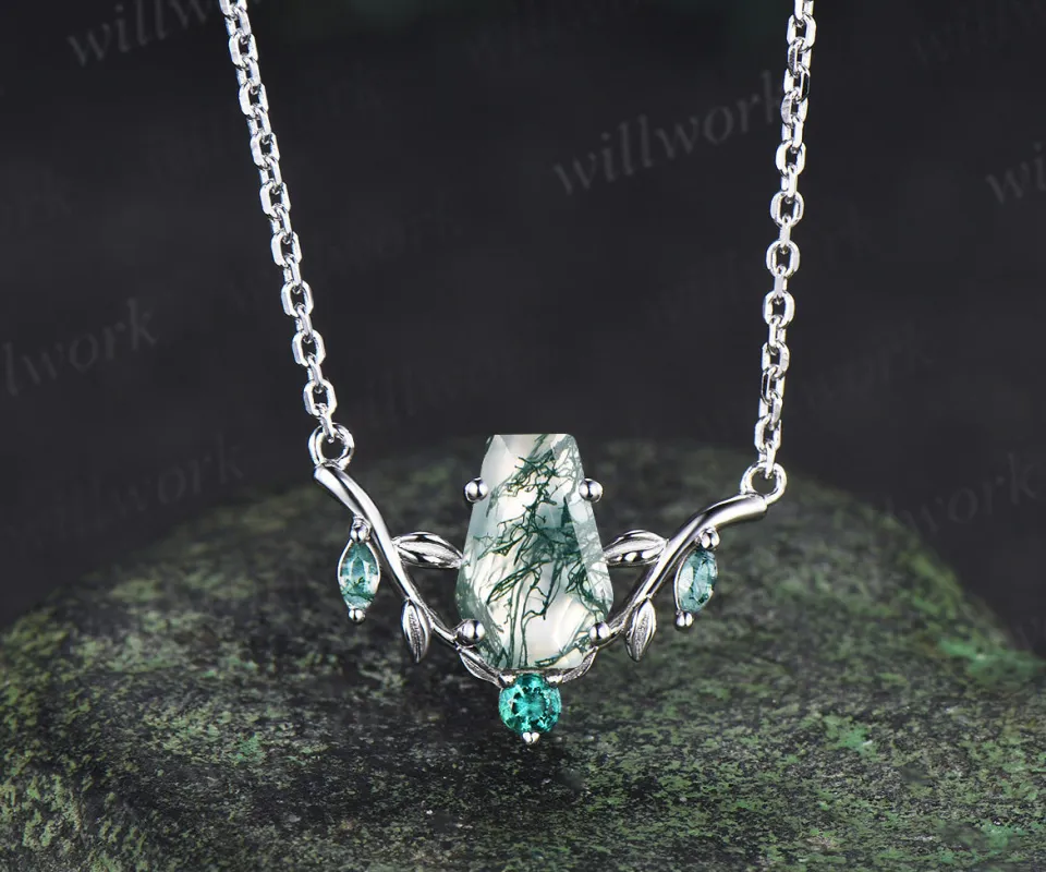 Unique coffin shaped natural moss agate necklace leaf twig nature inspired marquise moss agate emerald pendant necklace gifts sold by Willwork Jewelry