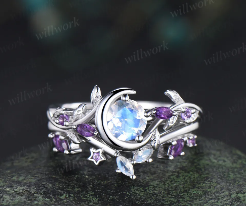 Round moonstone leaf twig ring set nature inspired crescent moon star amethyst bridal ring set sold by Willwork Jewelry