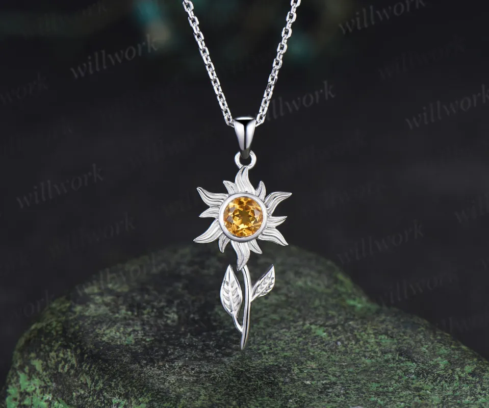 5mm round citrine sunflower pendant necklace bezel yellow gemstone leaf charm necklace for women made by Willwork Jewelry
