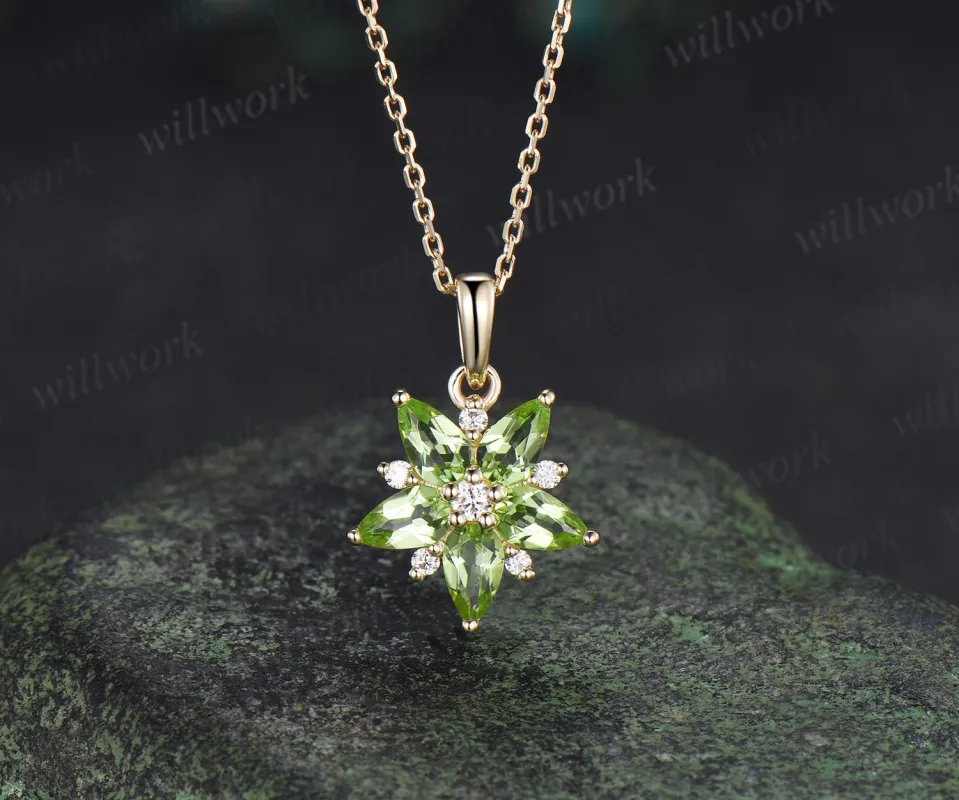 Pear peridot moissanite flower pendant necklace unique green gemstone charm necklace for women sold by Willwork Jewelry