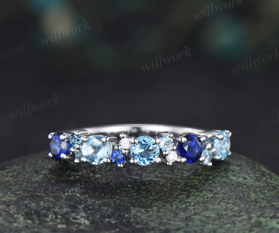 Swiss blue topaz wedding band dainty sapphire London blue topaz moissanite multi-stone minimalist promise ring made by Willwork Jewelry