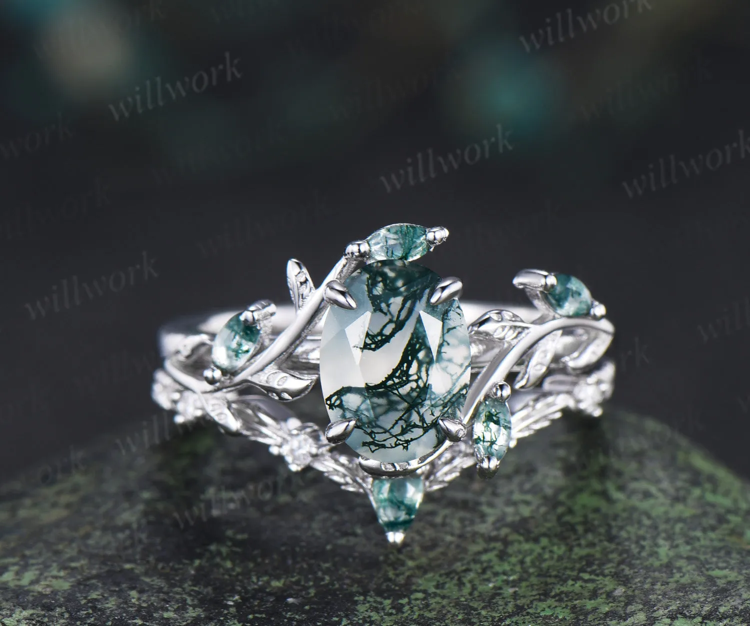 Oval Moss Agate Twig Leaf Ring Set & Unique Half Eternity Moss Agate Men Wedding Ring Couple Ring Set sold by Willwork Jewelry product image thumbnail 5