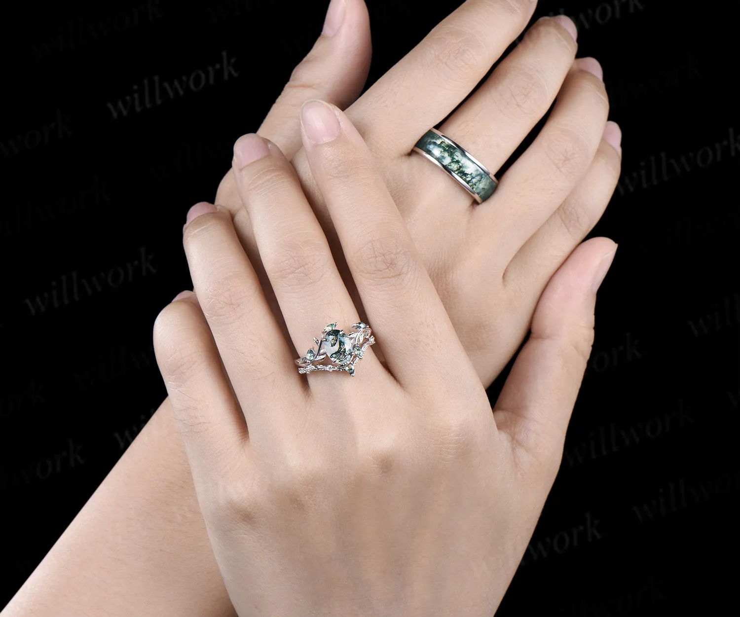 Oval Moss Agate Twig Leaf Ring Set & Unique Half Eternity Moss Agate Men Wedding Ring Couple Ring Set sold by Willwork Jewelry product image thumbnail 2