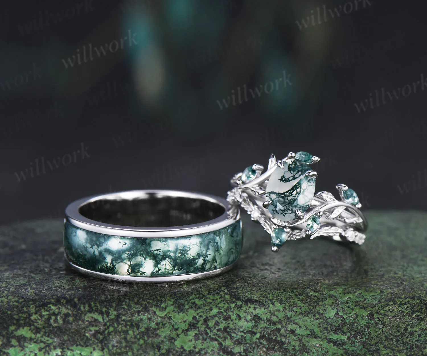 Oval Moss Agate Twig Leaf Ring Set & Unique Half Eternity Moss Agate Men Wedding Ring Couple Ring Set sold by Willwork Jewelry product image thumbnail 3