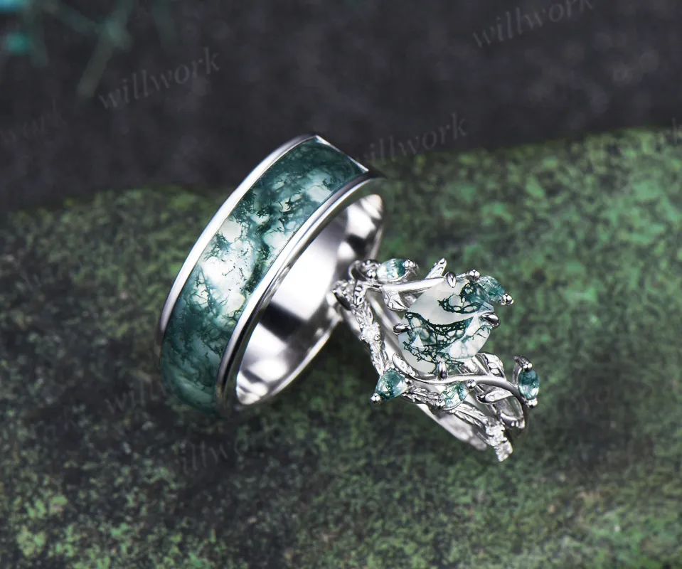 Oval Moss Agate Twig Leaf Ring Set & Unique Half Eternity Moss Agate Men Wedding Ring Couple Ring Set sold by Willwork Jewelry