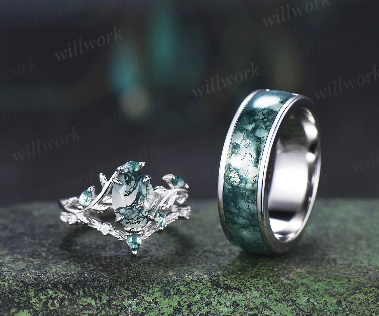 Oval Moss Agate Twig Leaf Ring Set & Unique Half Eternity Moss Agate Men Wedding Ring Couple Ring Set sold by Willwork Jewelry product image thumbnail 4
