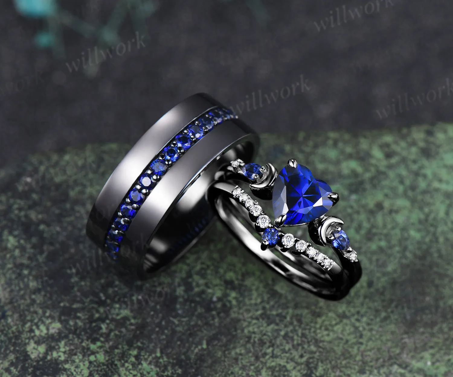 Heart Shape Sapphire Moon Bridal Ring Set & 3/4 Eternity Blue Sapphire Men Wedding Ring Couple Ring Set sold by Willwork Jewelry