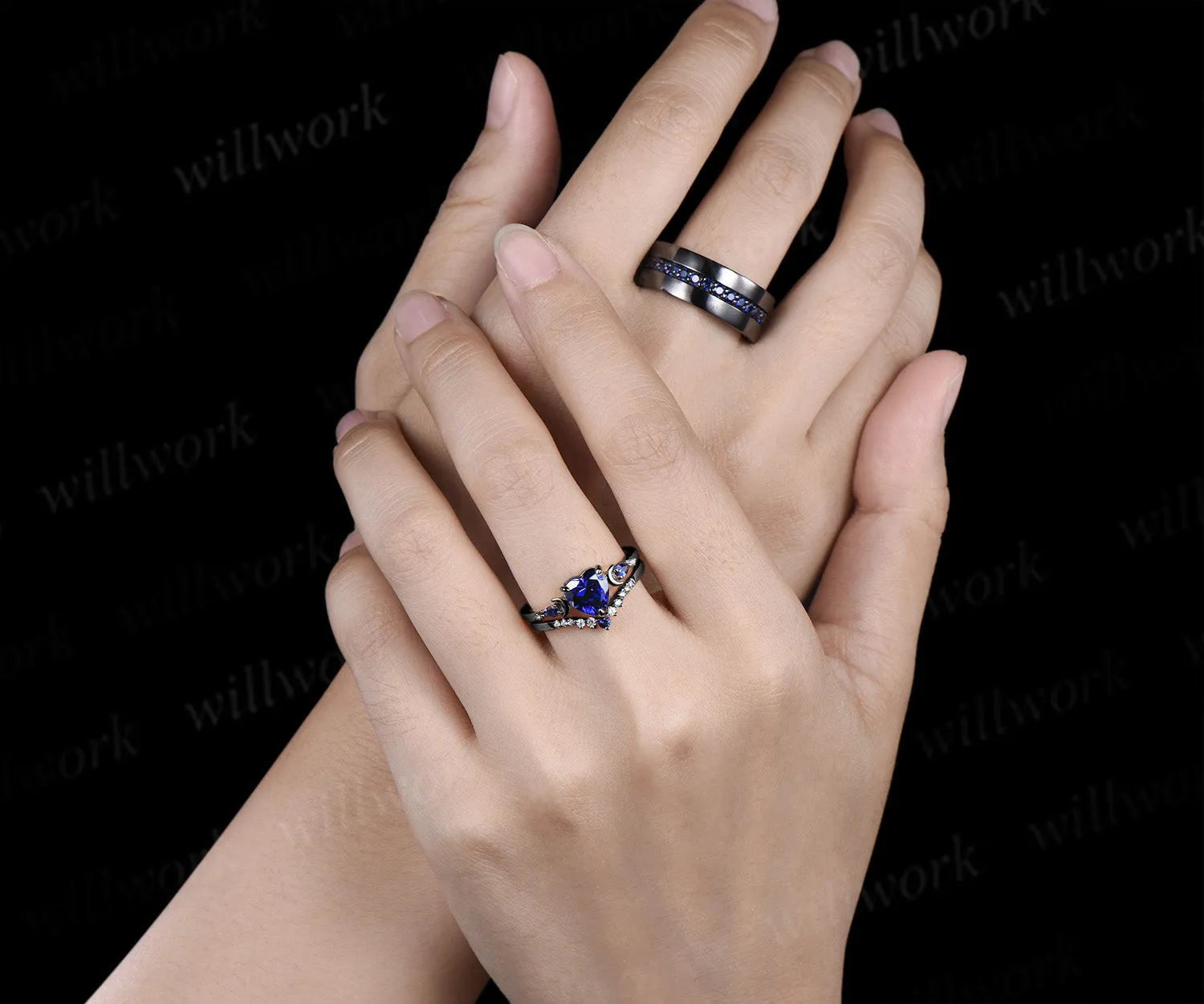 Heart Shape Sapphire Moon Bridal Ring Set & 3/4 Eternity Blue Sapphire Men Wedding Ring Couple Ring Set sold by Willwork Jewelry product image thumbnail 2