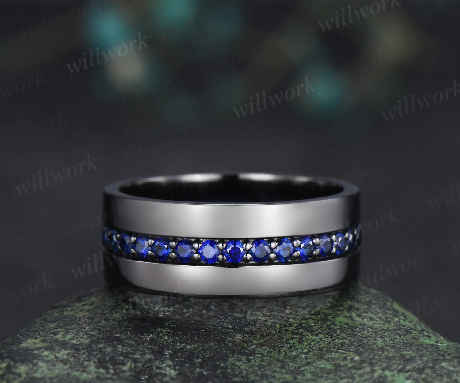 Heart Shape Sapphire Moon Bridal Ring Set & 3/4 Eternity Blue Sapphire Men Wedding Ring Couple Ring Set sold by Willwork Jewelry product image thumbnail 5