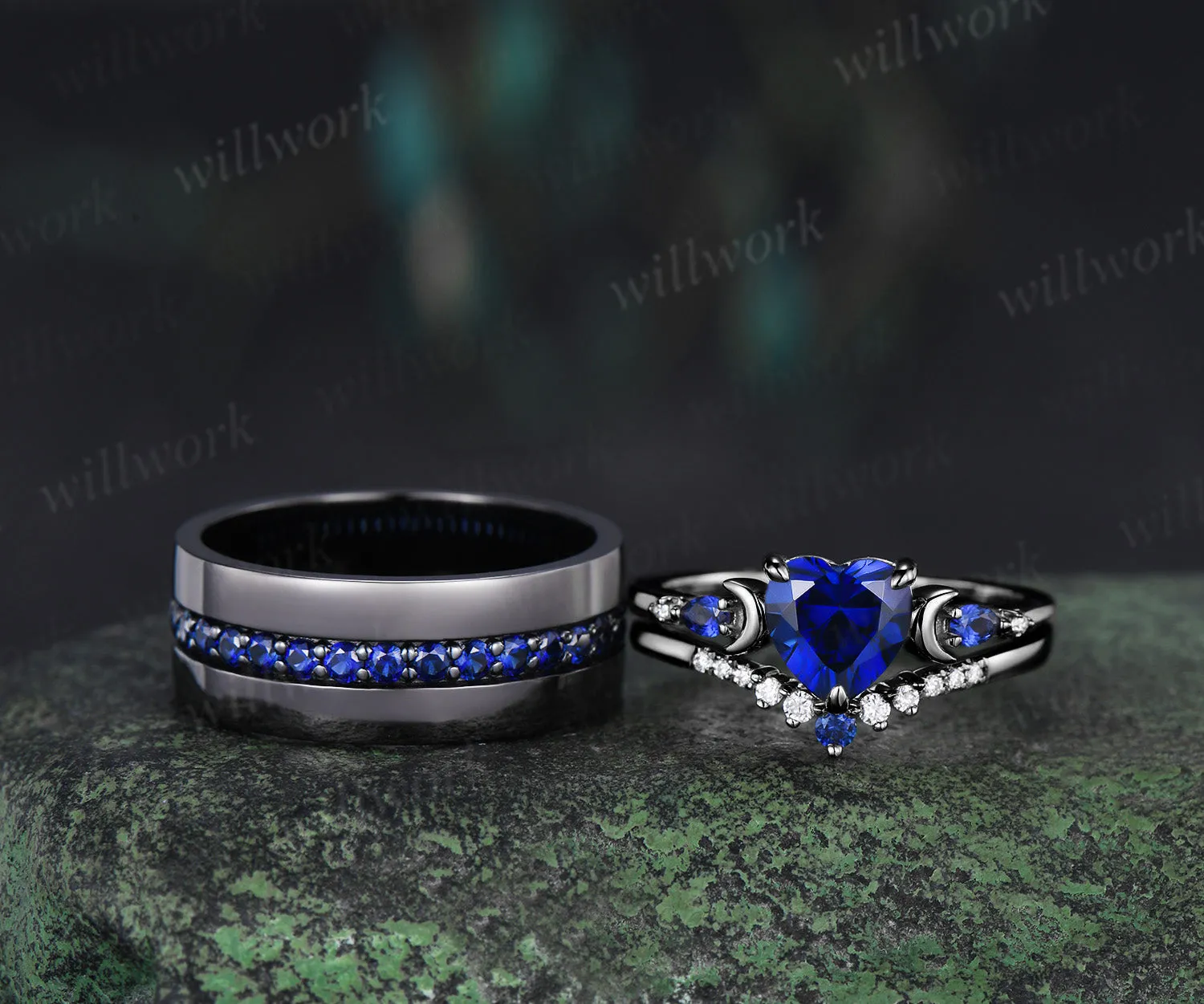Heart Shape Sapphire Moon Bridal Ring Set & 3/4 Eternity Blue Sapphire Men Wedding Ring Couple Ring Set sold by Willwork Jewelry product image thumbnail 4