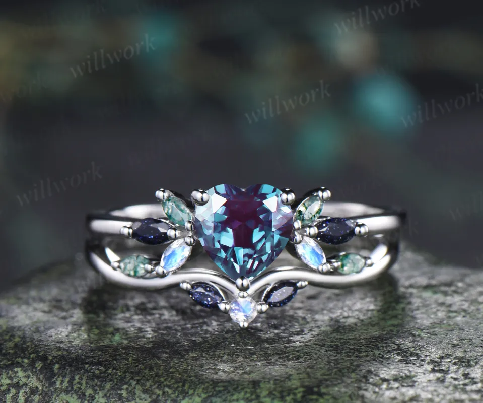 Heart shaped alexandrite ring set vintage blue sandstone moss agate moonstone cluster ring curved matching band bridal set sold by Willwork Jewelry